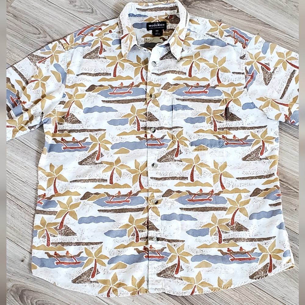 Woolrich Vtg Island/Rowing Canoe/Palm Trees, Cotton, Short Sleeve Shirt Large